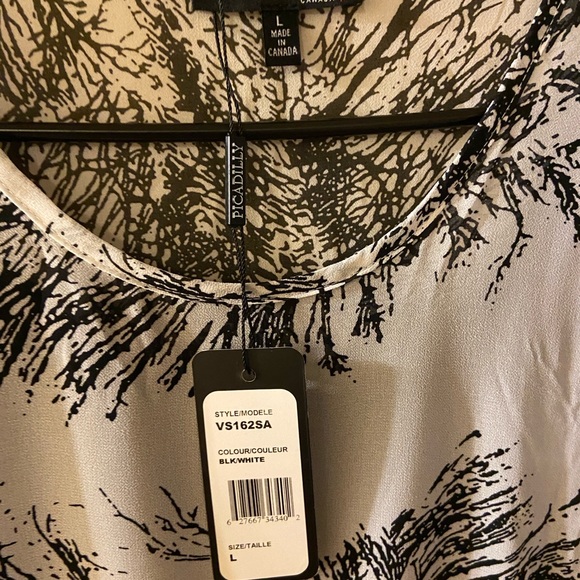 Picadilly sheer white tunic with black design & built-in black tank top - L -NWT - Picture 2 of 14